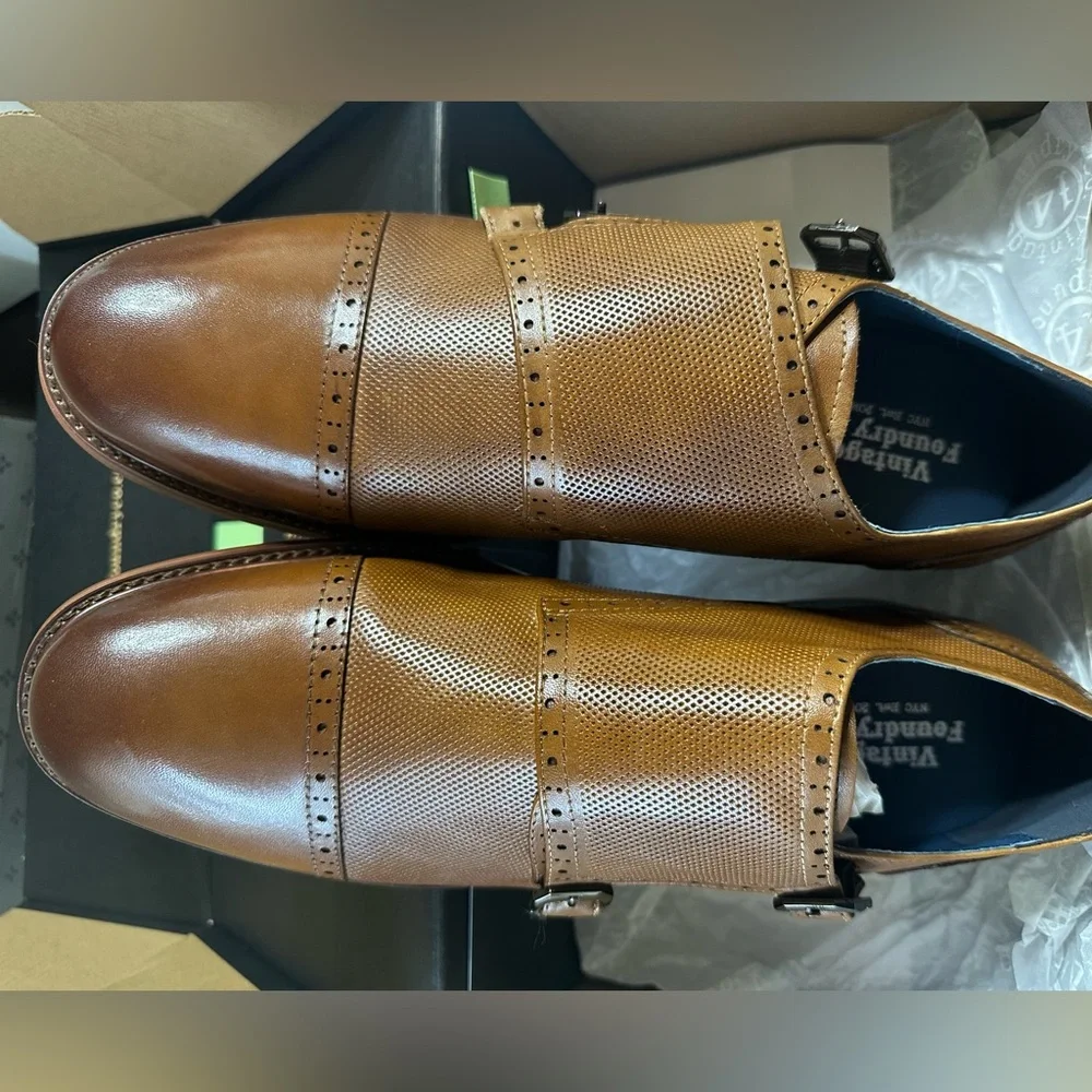 Vintage foundry Men's Double Monk Leather Dress Shoes - Tan Brown